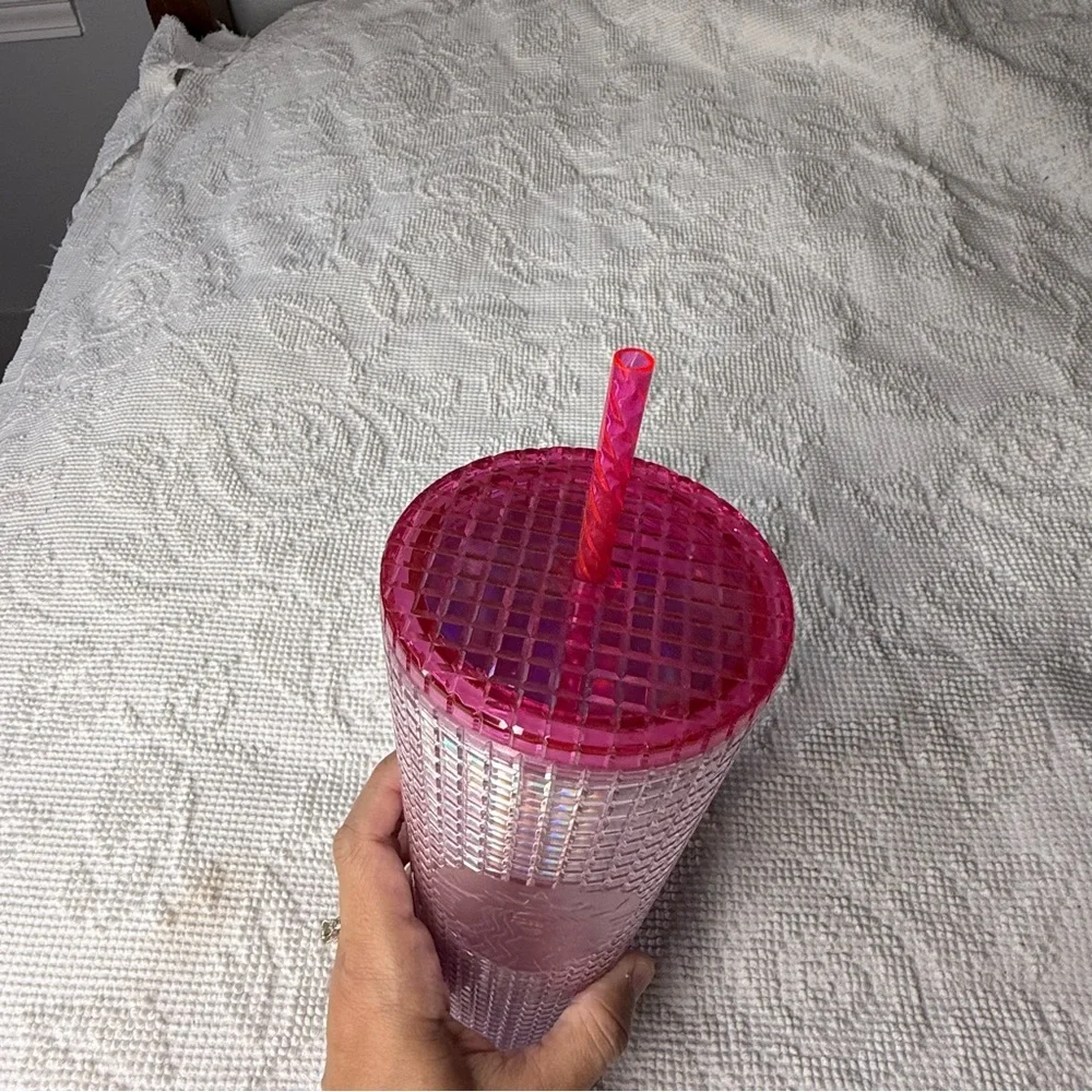 Starbucks Pink Purple Iridescent Disco Grid Venti‎ Tumbler 24oz Cold Cup Straw